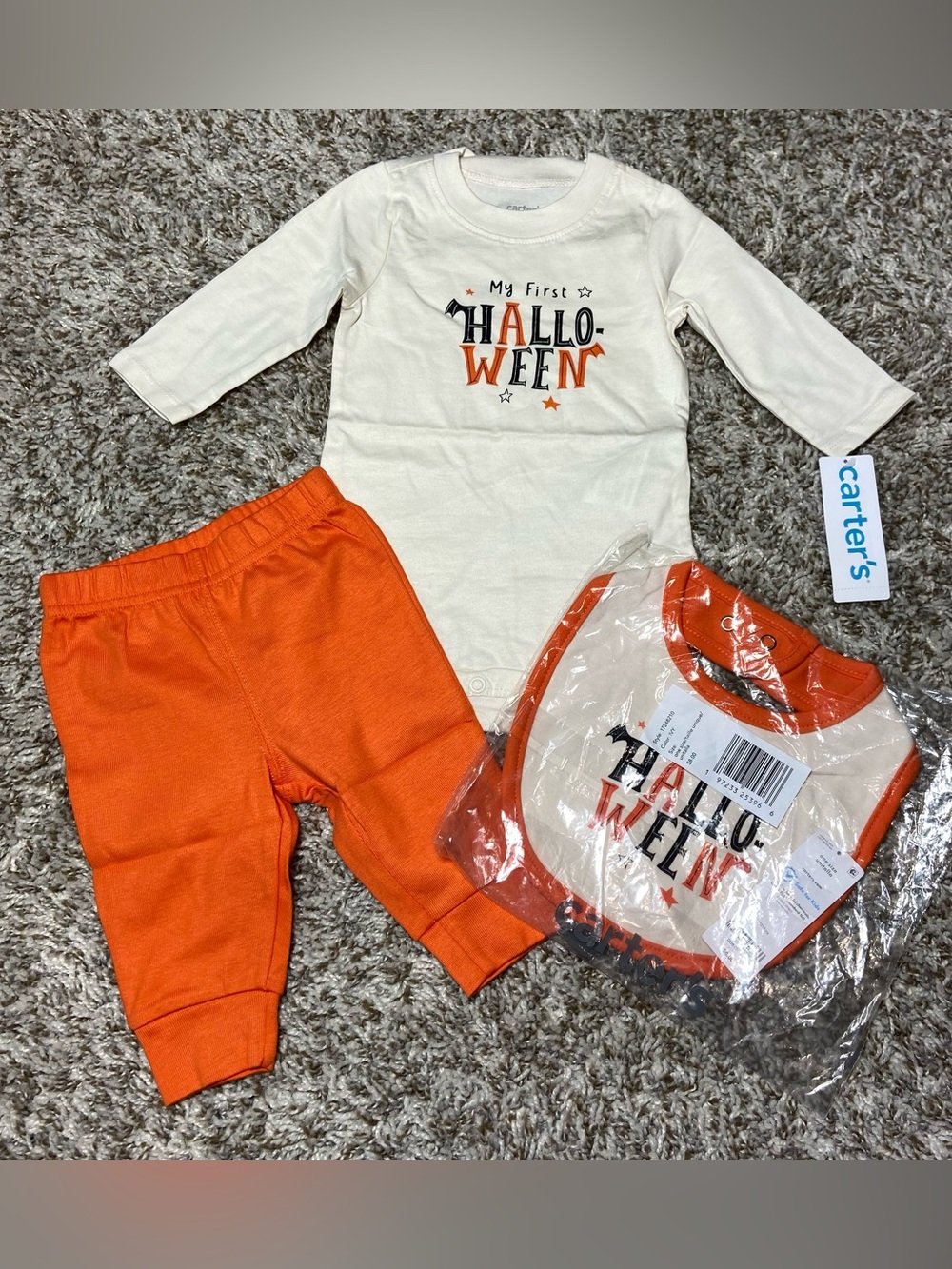 CARTER’S First Halloween 3PC Outfit Size 3M White Orange Pumpkin